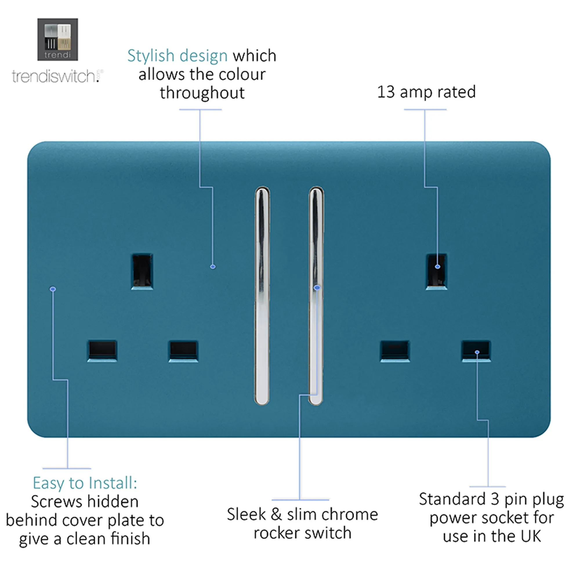 2 Gang 13Amp Long Switched Double Socket Ocean Blue ART-SKT213LOB  Trendi Ocean Blue
